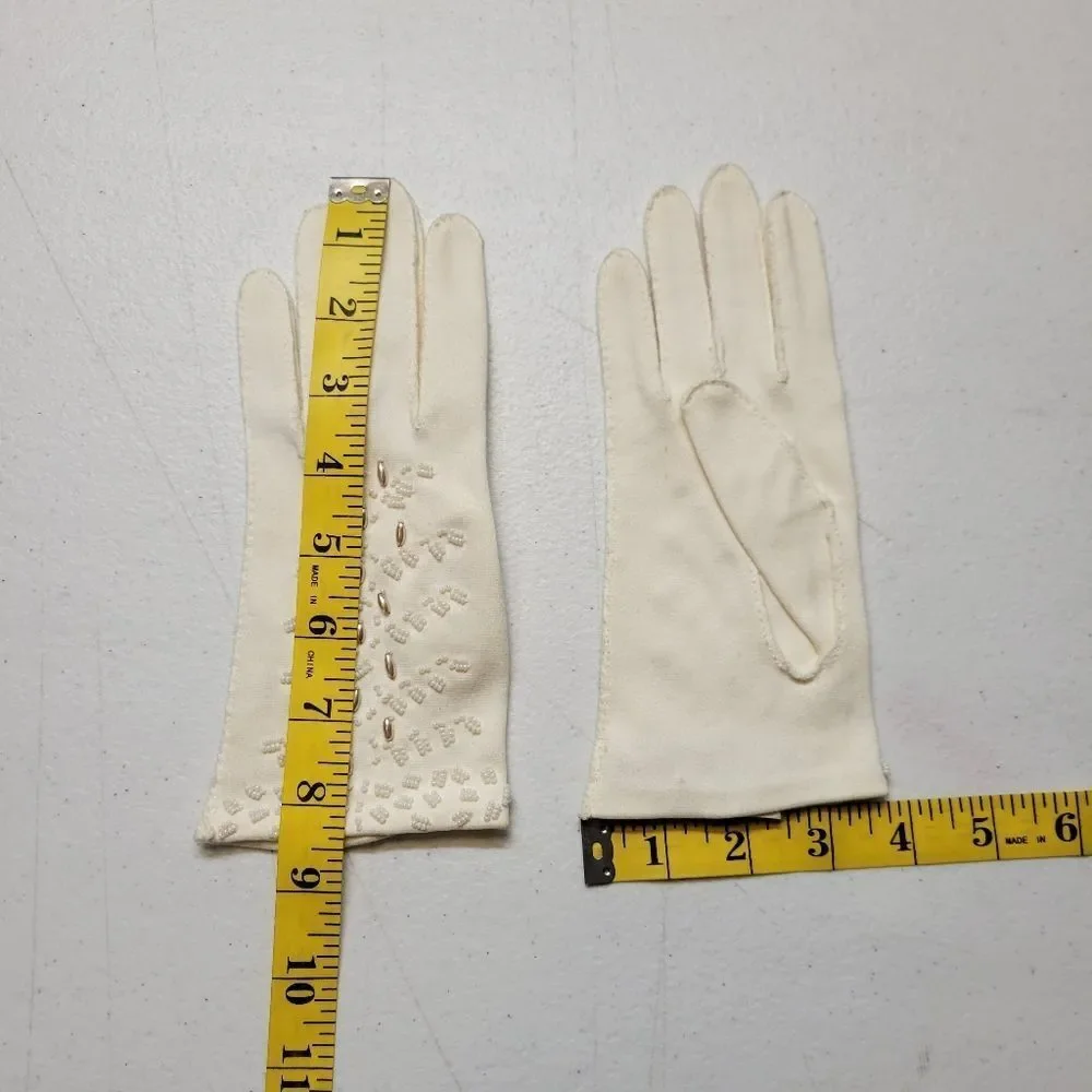 Vintage 50s English Cotton Beaded Evening Dress Formal Gloves